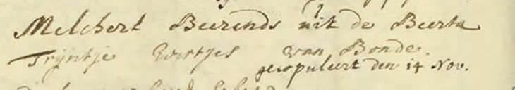 Huwelijk van Melchert Beerends uit de Beerta en Trijntje Wirtjes van Bunde, gecopuleerd op 14 november 1728 in de Ned. Herv. kerk van Beerta